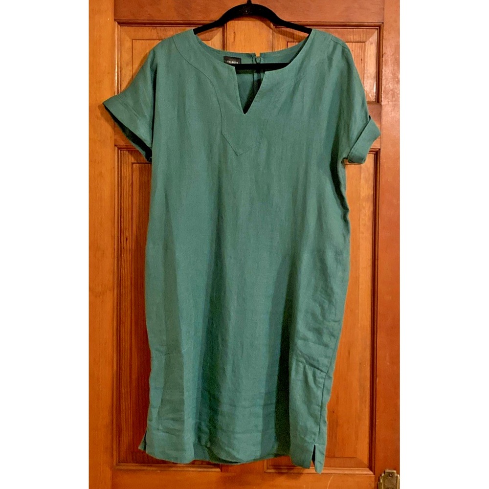Talbots Womens S Green 100% Linen Pockets Shift Minimalist Dress Earthy Classic